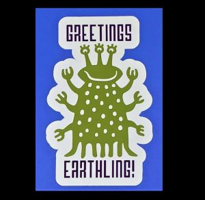 Greetings Earthling Cartoon Alien Sticker