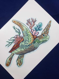 Right Swimming Decorated Sea Turtle Laminated Vinyl Bumper Sticker